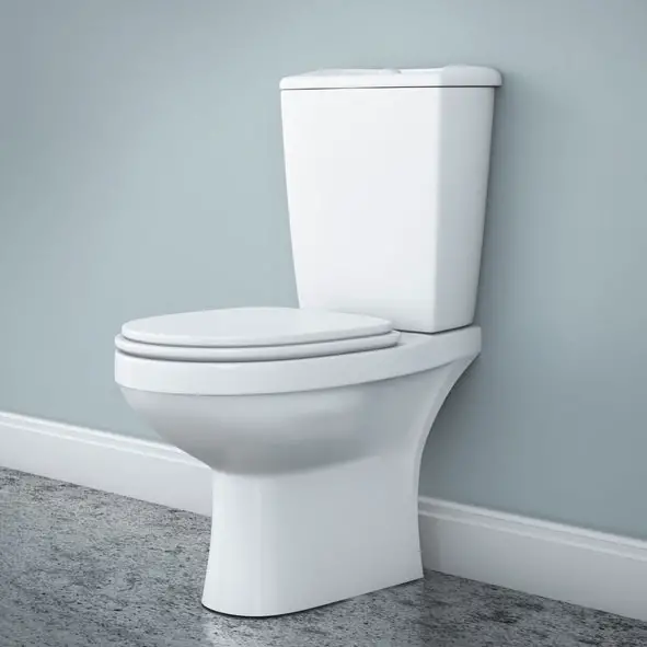 A white porcelain toilet sitting in the bathroom