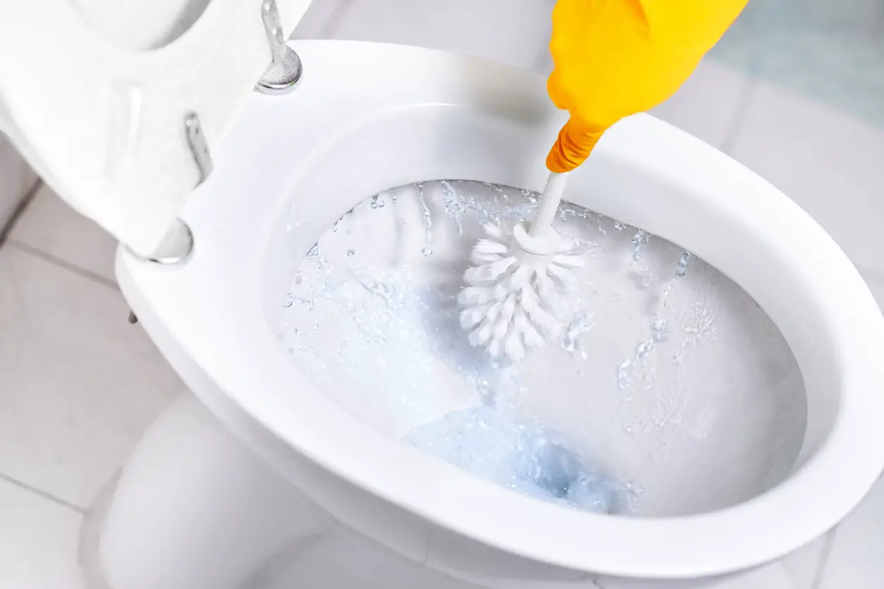 Cleaning a toilet bowl with a toilet brush and gloves